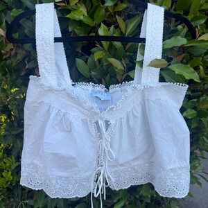 Mable White Eyelet Lace Up Crop Top Boho prairie Peasant Milk maid coquette